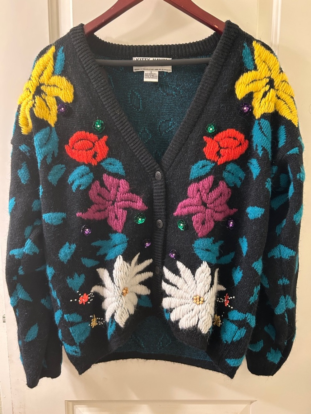 KITTY HAWK by Vivian Wang Black Floral Embellished V‑Neck Cardigan Sweater, S
